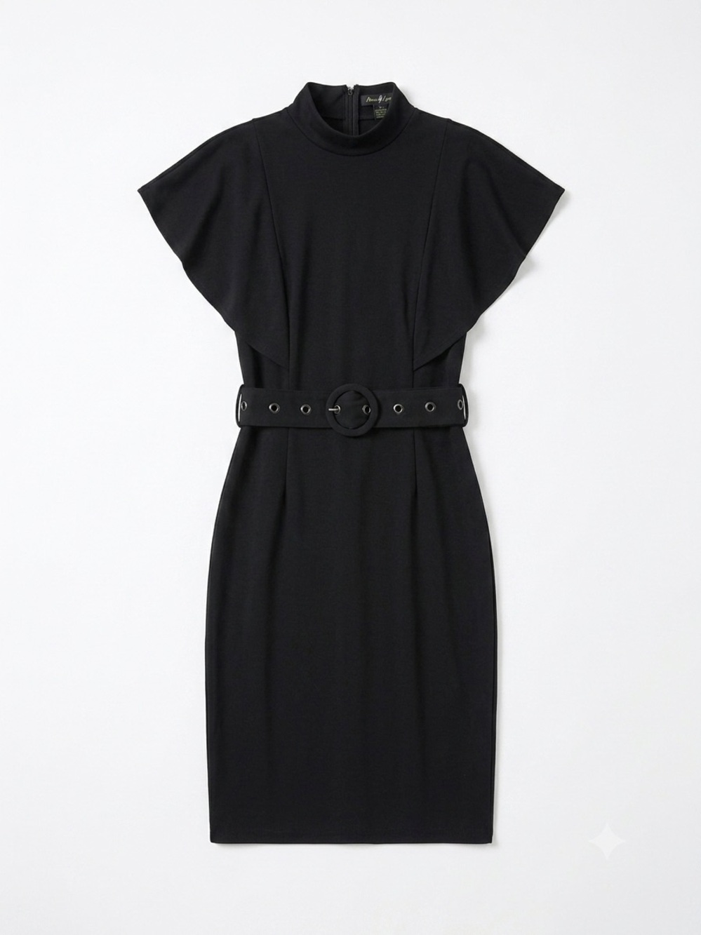 Chic Black Belted Midi Dress with Flutter Sleeves